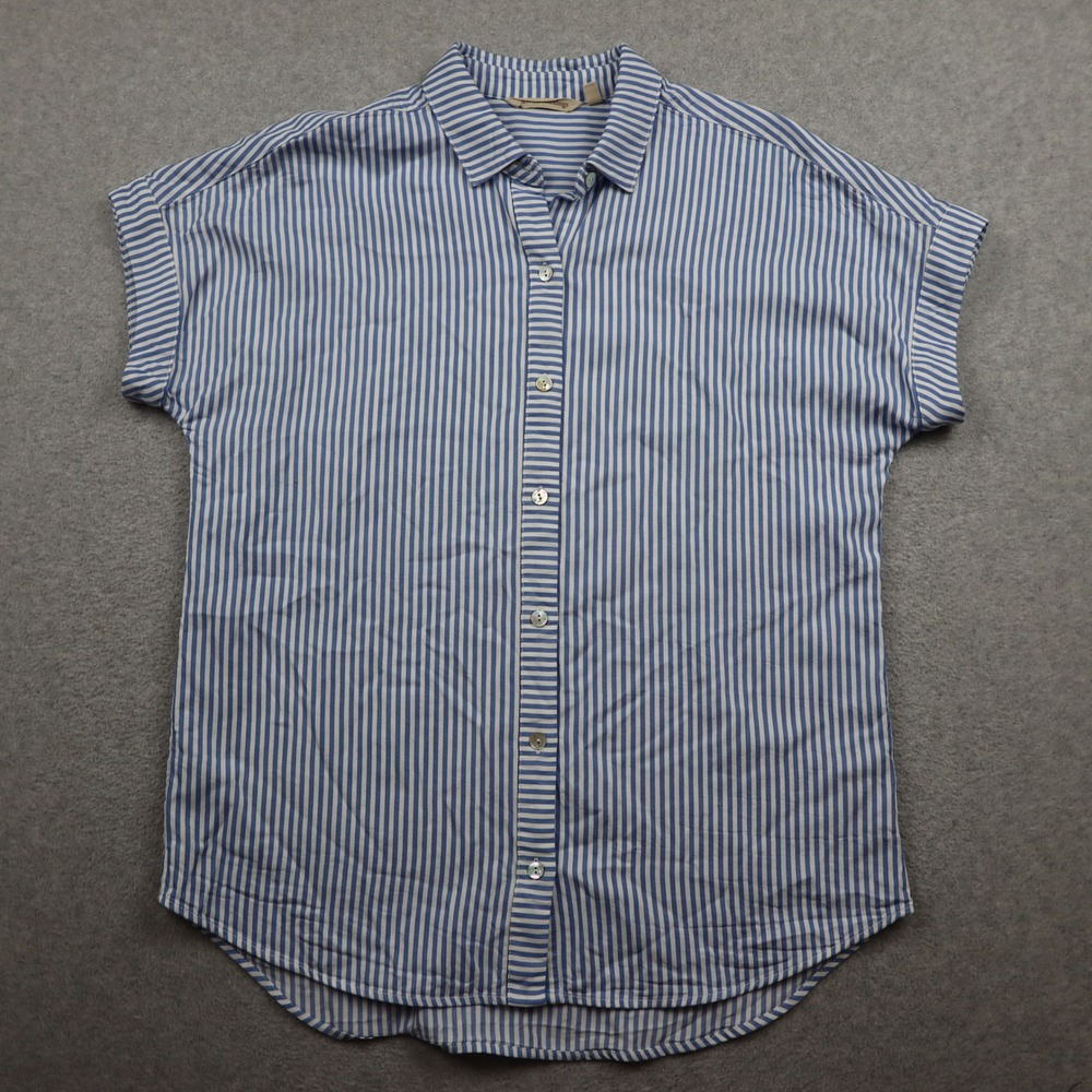 Soft Surroundings Top Womens PXS Blue White Striped Short Sleeve Button Down